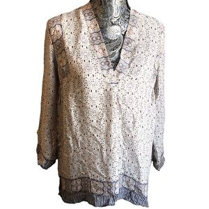 Vince Women's 100 % Silk Blouse Popover Top V-neck‎ White Blue Rust 6